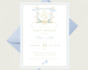 Vintage Stork Baby Shower Invitations | Stork Monogram Baby Shower Invitations | Monogram Baby Shower Invitations | Gender Neutral