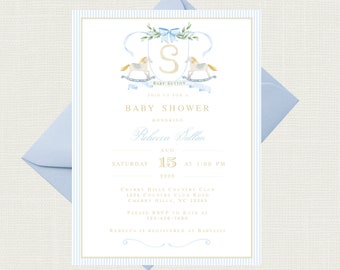 Vintage Rocking Horse Baby Shower Invitations | Rocking Horse Monogram Baby Shower Invitations | Gender Neutral Baby Shower Invitations