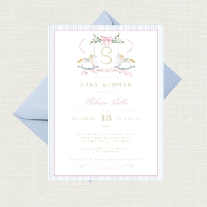 May include: A baby shower invitation with a pink and blue striped background. The invitation features a watercolor illustration of a carousel with two horses and a pink bow. The text on the invitation reads "Baby Sutton, Join us for a Baby Shower Honoring Rebecca Sutton, Saturday, August 15, 2020 at 1:00 PM, Cherry Hills Country Club, 1234 Country Club Road, Cherry Hills, NC 12345, Please RSVP to Kate at 123-456-7800, Rebecca is registered at Babylist."