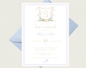 Gender Neutral Baby Shower Invitation |  Vintage Stork Baby Shower Invitations | Stork Monogram Baby Shower Invitations | Gender Reveal