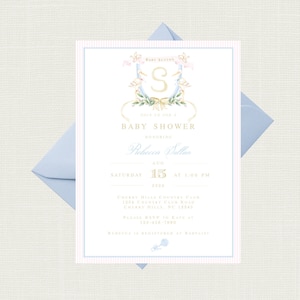 May include: A baby shower invitation with a pink and blue striped background. The invitation features a watercolor illustration of a stork carrying a baby in a basket. The text on the invitation reads "Baby Sutton" and "Join us for a Baby Shower honoring Rebecca Bullen". The date and time of the shower are listed as "Saturday, August 15, 2020 at 1:00 PM". The location is listed as "Cherry Hills Country Club, 1234 Country Club Road, Cherry Hills, NC 12245". The invitation also includes the RSVP information and the registry information.