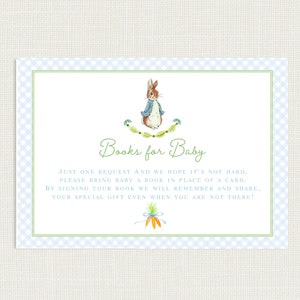 May include: A blue and white gingham background with a white card featuring a cartoon rabbit holding a carrot. The card says "Books for Baby" and includes the text "Just one request and we hope it's not hard, please bring baby a book in place of a card. By signing your book we will remember and share, your special gift even when you are not there!"
