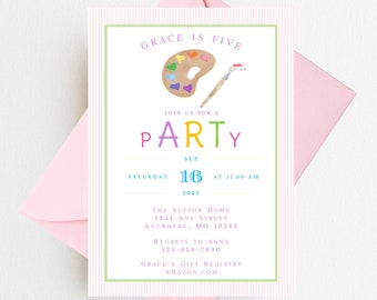May include: A pink and white striped invitation card with a green border. The card says "Grace is Five" and "Join us for a Party" in colorful letters. The card also features a watercolor illustration of a paint palette with hearts and a paintbrush.