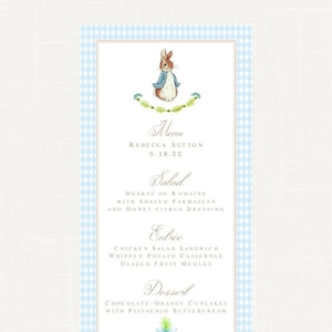 Peter Rabbit Baby Shower Menu Printed | Bunny Baby Shower Menu | Peter Rabbit Menu for Baby Shower