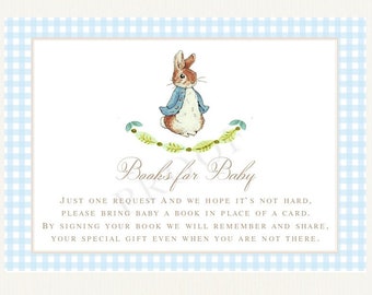 May include: A blue and white gingham background with a white card featuring a cartoon illustration of Peter Rabbit. The card reads "Books for Baby" and includes the text "Just one request and we hope it's not hard, please bring baby a book in place of a card. By signing your book we will remember and share. Your special gift even when you are not there."
