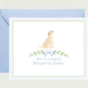 May include: A white card with blue and green stripes. A watercolor illustration of a yellow labrador retriever sitting with a blue bow. The text "from the nursery of Benjamin James" is printed on the card.