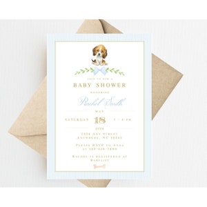 May include: A blue and white striped baby shower invitation featuring a cartoon beagle puppy wearing a blue bow tie. The invitation reads "Join us for a Baby Shower honouring Rachel Smith, May 18, 2024, 1-4 PM, 1234 Any Street, Anywhere, NC 12345. Please RSVP to Anna at 123-456-7890. Rachel is registered at Babylist."