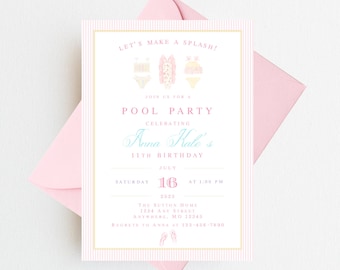 May include: Pink and white striped invitation with a yellow border. The invitation says "Let's Make a Splash!" and features three cartoon girls in swimsuits. The invitation is for a pool party celebrating Anna Hale's 11th birthday on Saturday, July 16th at 1:00 PM. The address is The Sutton Home, 1234 Any Street, Anywhere, MO 12345. The RSVP number is 123-456-7890.