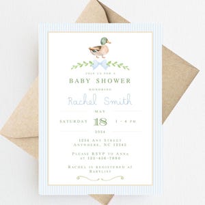 May include: A blue and white striped baby shower invitation with a green and white illustration of a duck wearing a blue bow tie. The invitation says "Join us for a Baby Shower honoring Rachel Smith, May 18, 2024, 1-4 PM, 1234 Any Street, Anywhere, NC 12345, Please RSVP to Anna at 123-456-7890, Rachel is registered at Babylist."