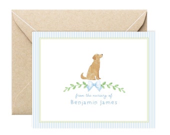 May include: A watercolor illustration of a golden retriever puppy sitting on a blue bow with green leaves. The text "from the nursery of Benjamin James" is below the puppy.