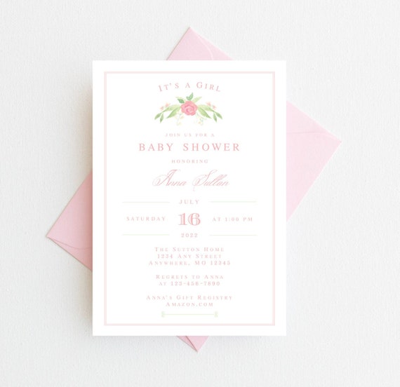 Girl Floral Baby Shower Invitation | Pink Flower Baby Shower Invitations | Pink Baby Shower Invitation | Floral Baby Shower Invite