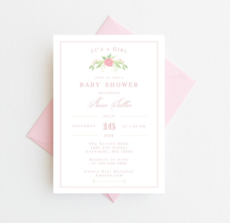 May include: A pink and white baby shower invitation with a floral design and the text "It's a Girl". The invitation includes the date, time, and location of the shower, as well as the name of the honoree, Anna Fallon. It also includes the text "Join us for a Baby Shower" and "Anna's Gift Registry Amazon.com".