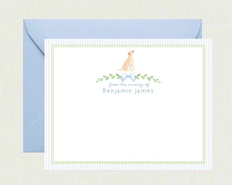 May include: A white card with blue and green stripes on the border. A watercolour illustration of a yellow dog with a blue bow sits above the text "from the nursery of Benjamin James".