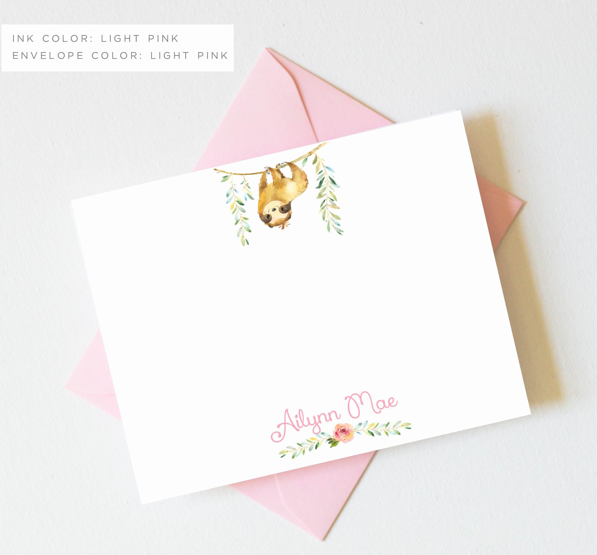 Personalized Sloth Stationary | Sloth Stationery | Sloth Note Cards Sloth Birthday Girls Thank You Card Thank You Notes for Girls  KS-4027