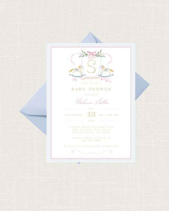 Gender Neutral Baby Shower Invitations | Vintage Rocking Horse Baby Shower Invitations | Pink and Blue Gender Reveal Party Invitations