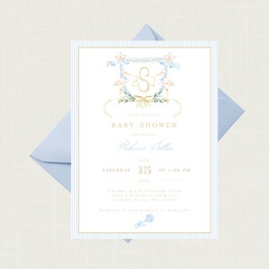 May include: A blue and white striped baby shower invitation with a gold monogram and stork illustration. The invitation reads "Join us for a Baby Shower honoring Rebecca Sultan, Saturday, August 15, 2020 at 1:00 PM, Cherry Hills Country Club, 1234 Country Club Road, Cherry Hills, NC 12345. Rebecca is registered at Babylist."