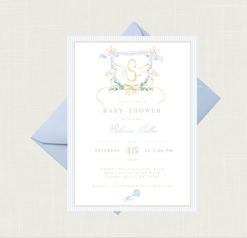 May include: A blue and white striped baby shower invitation with a gold monogram and stork illustration. The invitation reads "Join us for a Baby Shower honoring Rebecca Sultan, Saturday, August 15, 2020 at 1:00 PM, Cherry Hills Country Club, 1234 Country Club Road, Cherry Hills, NC 12345. Rebecca is registered at Babylist."