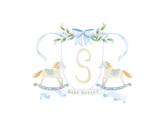 May include: A watercolour illustration of a baby's monogram with a blue ribbon and floral accents. The letter "S" is surrounded by two rocking horses, and the text "Baby Sutton" is written below.
