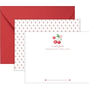 May include: A white card with a red cherry illustration and the text "a note from JACQUELYN COLLINS". The card is surrounded by a white background with a repeating pattern of red cherries.