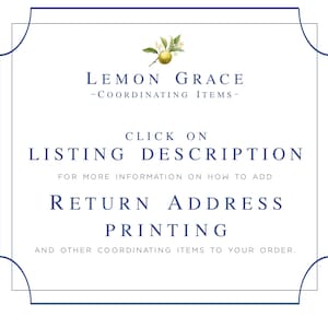 May include: A white background with a blue decorative border and text. The text reads "LEMON GRACE - COORDINATING ITEMS-", "CLICK ON LISTING DESCRIPTION", and "RETURN ADDRESS PRINTING". A lemon branch graphic is at the top.