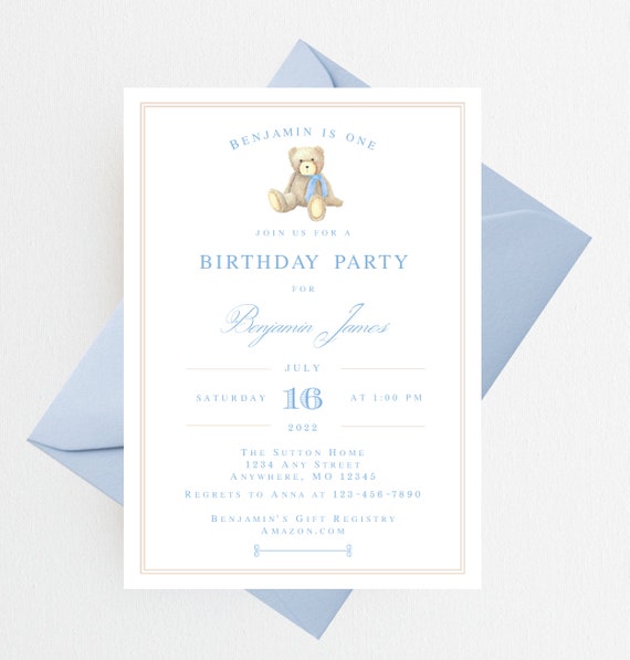 Teddy Bear Birthday Invitation | Bear First Birthday Invitations | Birthday Invitation Boy | Teddy Bear Birthday Invite