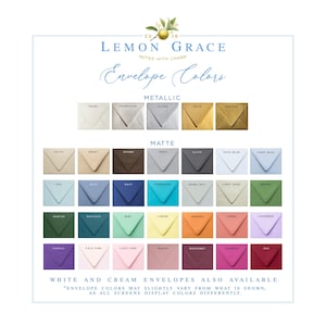 Pode incluir: Um gr&aacute;fico que mostra as op&ccedil;&otilde;es de cor do envelope para convites de casamento. As cores s&atilde;o organizadas em duas categorias: Met&aacute;lico e Fosco. A categoria Met&aacute;lico inclui cores como P&eacute;rola, Champanhe, Prata, Ouro e Vintage. A categoria Fosco inclui cores como Massa, Kraft, Marrom, Cinza, Ard&oacute;sia, Azul claro, Azul celeste, Mar, Azul, Azul marinho, Turquesa, Dia chuvoso, Verde claro, Verde, Ca&ccedil;a, Pav&atilde;o, Menta, Lim&atilde;o, Laranja, Coral, Lavanda, Roxo, Rosa claro, Rosa claro, Malva, Borgonha, F&uacute;csia e Vermelho. O texto na parte inferior do gr&aacute;fico diz "Envelopes brancos e creme tamb&eacute;m dispon&iacute;veis. *As cores dos envelopes podem variar ligeiramente do que &eacute; mostrado, pois todas as telas exibem cores de forma diferente."