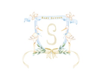 May include: A watercolour baby announcement design. A light blue shield shape with the text "BABY SUTTON" at the top. Two storks stand either side of a large letter "S". A cream-coloured bow and ribbon are at the bottom.