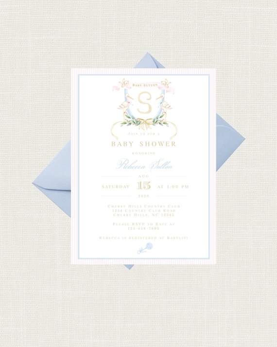 Gender Neutral Baby Shower Invitation |  Vintage Stork Baby Shower Invitations | Stork Monogram Baby Shower Invitations | Gender Reveal