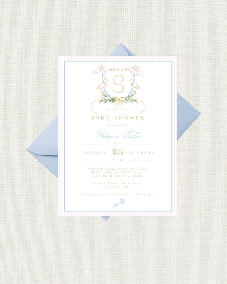 May include: A baby shower invitation with a pink and blue striped background. The invitation features a watercolor illustration of a stork carrying a baby in a basket. The text on the invitation reads "Baby Sutton" and "Join us for a Baby Shower honoring Rebecca Bullen". The date and time of the shower are listed as "Saturday, August 15, 2020 at 1:00 PM". The location is listed as "Cherry Hills Country Club, 1234 Country Club Road, Cherry Hills, NC 12245". The invitation also includes the RSVP information and the registry information.
