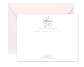 May include: A pink and white baby carriage with a pink bow on top. The text "from the nursery of Eyla Cecelia Sutton" is below the carriage.