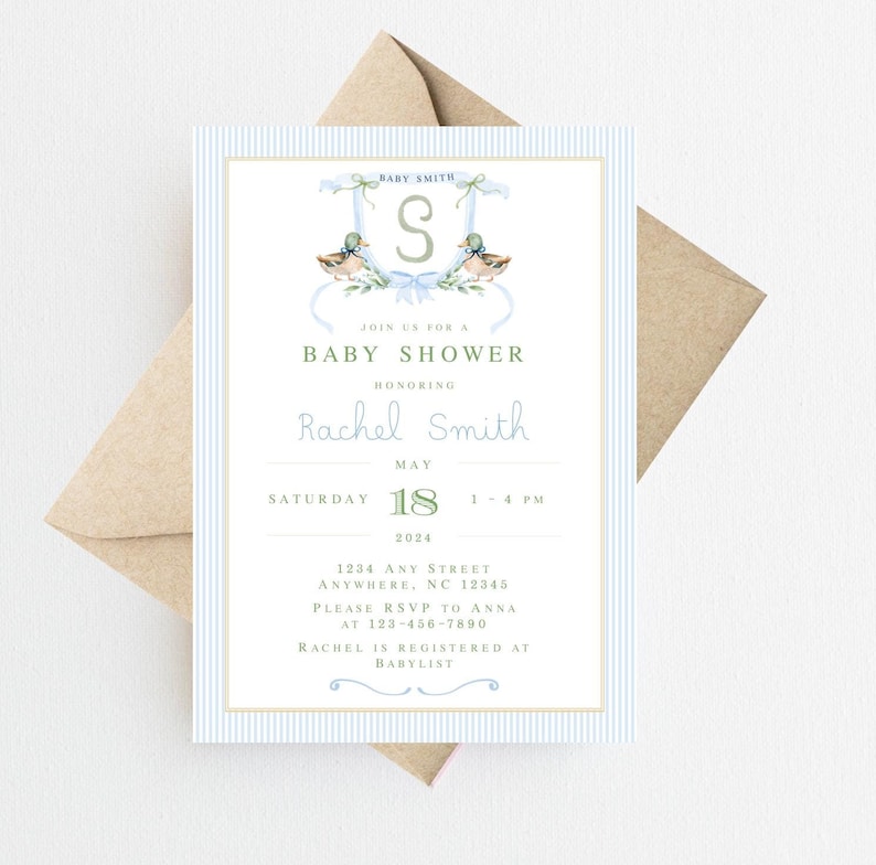 May include: A blue and white striped baby shower invitation with a watercolor illustration of two ducks and the letter "S" in a gold frame. The invitation text reads "Baby Smith, Join us for a Baby Shower Honoring Rachel Smith, May 18, 2024, 1-4 PM, 1234 Any Street, Anywhere, NC 12345, Please RSVP to Anna at 123-456-7890, Rachel is registered at Babylist."