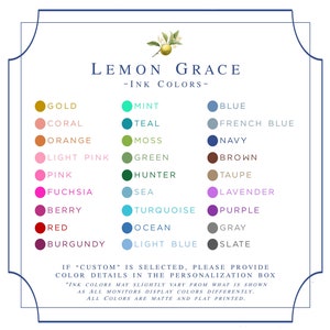 Puede incluir: Una tabla de colores de tinta para Lemon Grace, una empresa que ofrece papeler&iacute;a e invitaciones personalizadas. La tabla incluye una variedad de colores, incluyendo oro, coral, naranja, rosa claro, rosa, fucsia, baya, rojo, burdeos, menta, azul verdoso, musgo, verde, verde cazador, mar, turquesa, oc&eacute;ano, azul claro, azul, azul franc&eacute;s, azul marino, marr&oacute;n, topo, lavanda, morado, gris y pizarra.