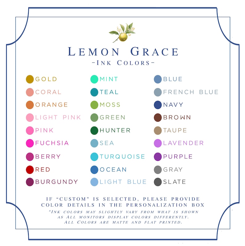 Puede incluir: Una tabla de colores de tinta para Lemon Grace, una empresa que ofrece papeler&iacute;a e invitaciones personalizadas. La tabla incluye una variedad de colores, incluyendo oro, coral, naranja, rosa claro, rosa, fucsia, baya, rojo, burdeos, menta, azul verdoso, musgo, verde, verde cazador, mar, turquesa, oc&eacute;ano, azul claro, azul, azul franc&eacute;s, azul marino, marr&oacute;n, topo, lavanda, morado, gris y pizarra.