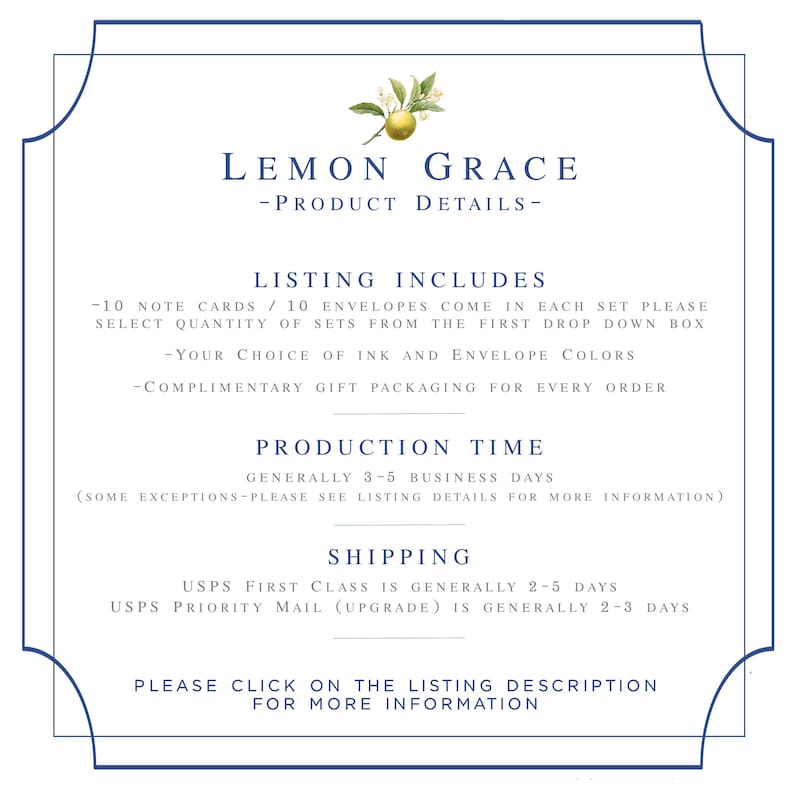 May include: A white card with blue text outlining the details of a Lemon Grace product listing. The text includes the product name, listing details, production time, shipping information, and a request to click on the listing description for more information.