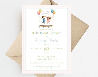 May include: A pink and white striped birthday party invitation with a cartoon illustration of two children jumping on a trampoline. The invitation says "Happy Birthday" and "Join us for a Birthday Party for Anna Kate" with the date and time of the party. The invitation also includes the address and contact information for the party.