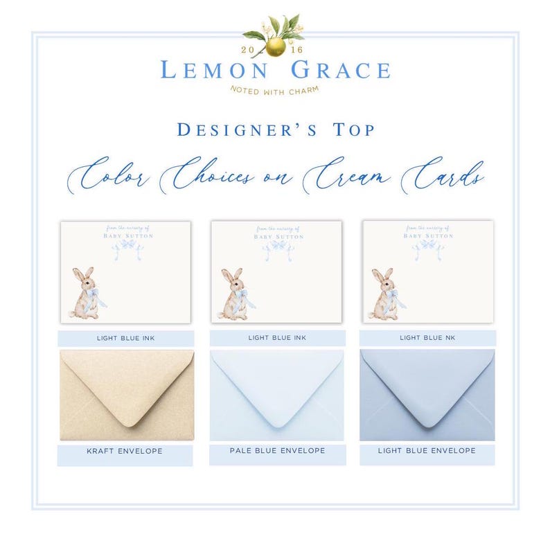 Puede incluir: Un juego de tarjetas de agradecimiento para baby shower de color crema con una ilustraci&oacute;n de un conejito sosteniendo una cinta azul en tinta azul claro. Las tarjetas se muestran con tres opciones de sobre diferentes: kraft, azul p&aacute;lido y azul claro.