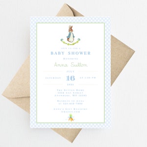 Peter Rabbit  Baby Shower Invitation Printed | Peter Rabbit Baby Shower Invite | Bunny Baby Shower Invitation | Beatrix Potter Baby Shower