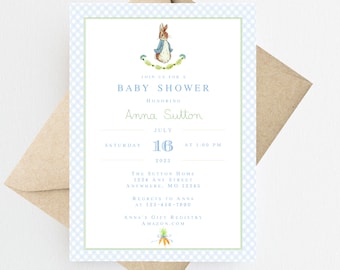 Peter Rabbit  Baby Shower Invitation Printed | Peter Rabbit Baby Shower Invite | Bunny Baby Shower Invitation | Beatrix Potter Baby Shower