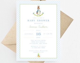 Peter Rabbit  Baby Shower Invitation Printed | Peter Rabbit Baby Shower Invite | Bunny Baby Shower Invitation | Beatrix Potter Baby Shower