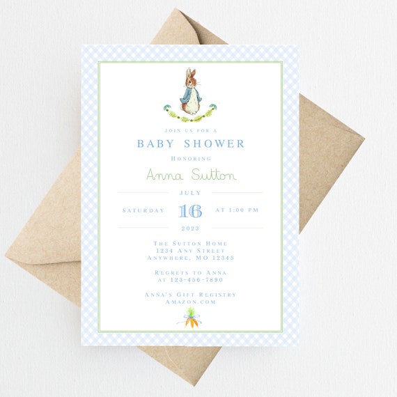 Peter Rabbit  Baby Shower Invitation Printed | Peter Rabbit Baby Shower Invite | Bunny Baby Shower Invitation | Beatrix Potter Baby Shower