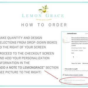 K&ouml;nnte beinhalten: Ein Screenshot einer Website, auf der gezeigt wird, wie man personalisierte Briefpapier bei Lemon Grace bestellt. Die Website zeigt ein Dropdown-Men&uuml; zur Auswahl der Art des Briefpapiers, der Farbe des Umschlags, der Farbe der Tinte und der Menge. Die Website enth&auml;lt auch einen Abschnitt zum Hinzuf&uuml;gen einer Notiz an den Verk&auml;ufer.