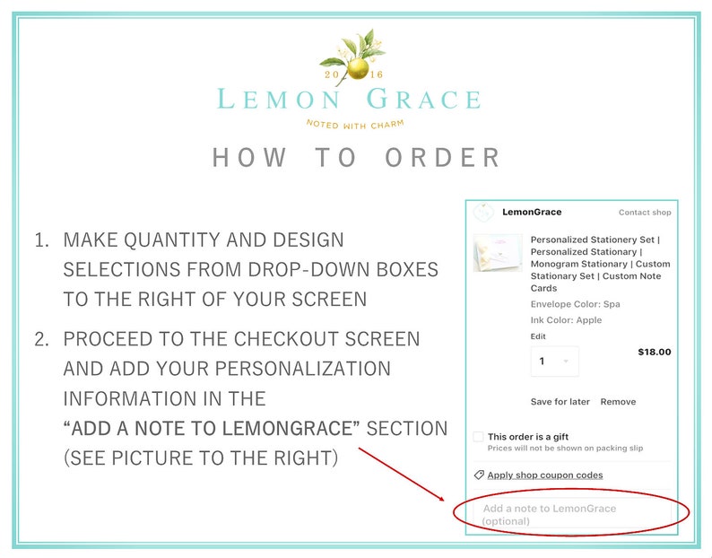 K&ouml;nnte beinhalten: Ein Screenshot einer Website, auf der gezeigt wird, wie man personalisierte Briefpapier bei Lemon Grace bestellt. Die Website zeigt ein Dropdown-Men&uuml; zur Auswahl der Art des Briefpapiers, der Farbe des Umschlags, der Farbe der Tinte und der Menge. Die Website enth&auml;lt auch einen Abschnitt zum Hinzuf&uuml;gen einer Notiz an den Verk&auml;ufer.