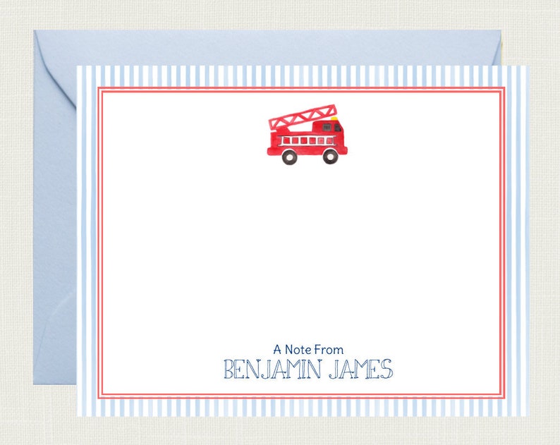 Puede incluir: Una tarjeta blanca con rayas azules y rojas. Un cami&oacute;n de bomberos rojo con una escalera est&aacute; en la esquina superior izquierda. El texto "A Note From BENJAMIN JAMES" est&aacute; en la parte inferior de la tarjeta.
