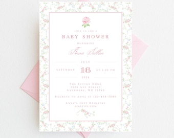 Girl Floral Baby Shower Invitation | Pink Flower Baby Shower Invitations | Pink Baby Shower Invitation | Floral Baby Shower Invite