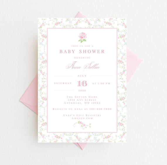 Girl Floral Baby Shower Invitation | Pink Flower Baby Shower Invitations | Pink Baby Shower Invitation | Floral Baby Shower Invite