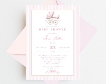 Carriage Pram Baby Shower Invitation | Blue Baby Shower Invitations | Pink Baby Shower Invitation | Classic Baby Shower Invitation