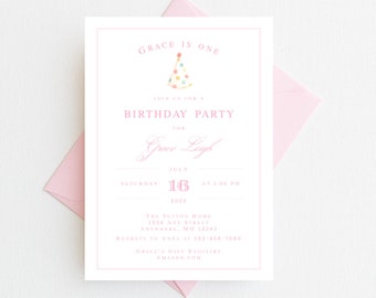 Girl Birthday Invitation | Classic Birthday Invitations for Girl | Birthday Party Invite | Heirloom Invitation | Party Hat Invitation