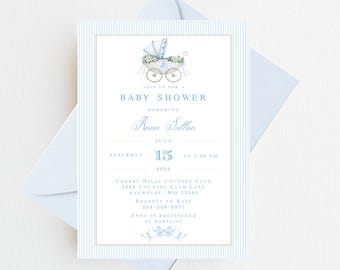 May include: Blue and white baby shower invitation with a white baby carriage with blue accents and white flowers. The invitation includes the text "Join us for a Baby Shower honoring Anna Sullivan, Saturday, July 15, 2023 at 1:00 PM, Cherry Hills Country Club, 1234 Country Club Lane, Anywhere, MO 12345, Regrets to Kate 504-236-3971, Anna is registered at Babylist."