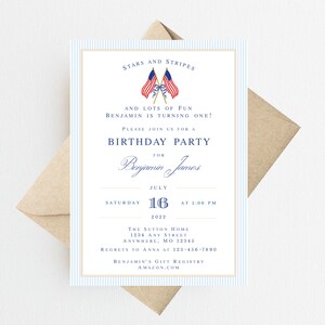 May include: Blue and white striped invitation with gold accents. The invitation is for a birthday party for Benjamin James, who is turning one. The party is on Saturday, July 16th, 2022 at 1:00 PM. The invitation includes the address of the party and a link to Benjamin's gift registry on Amazon.