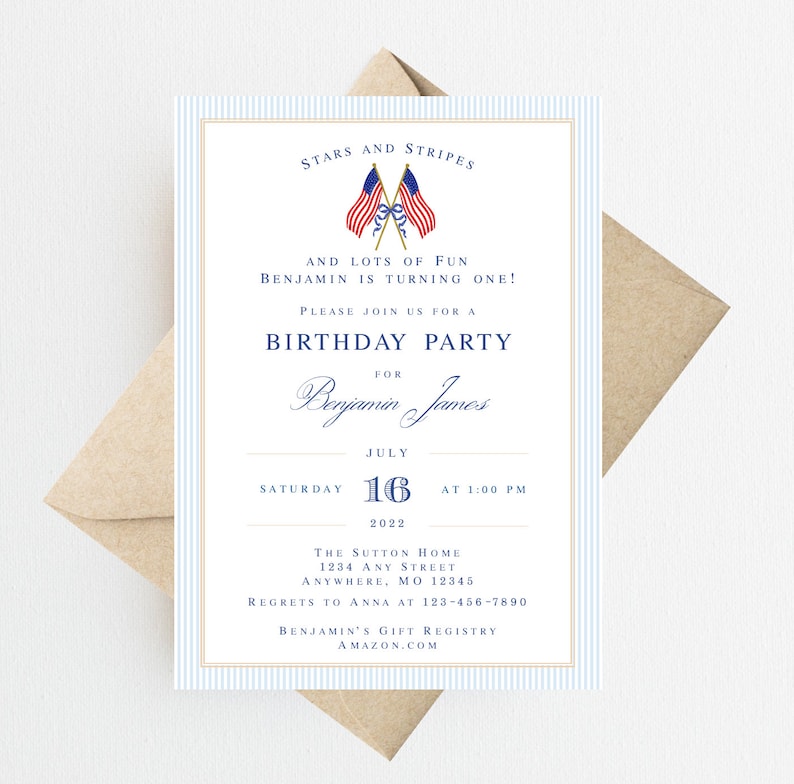 May include: Blue and white striped invitation with gold accents. The invitation is for a birthday party for Benjamin James, who is turning one. The party is on Saturday, July 16th, 2022 at 1:00 PM. The invitation includes the address of the party and a link to Benjamin's gift registry on Amazon.
